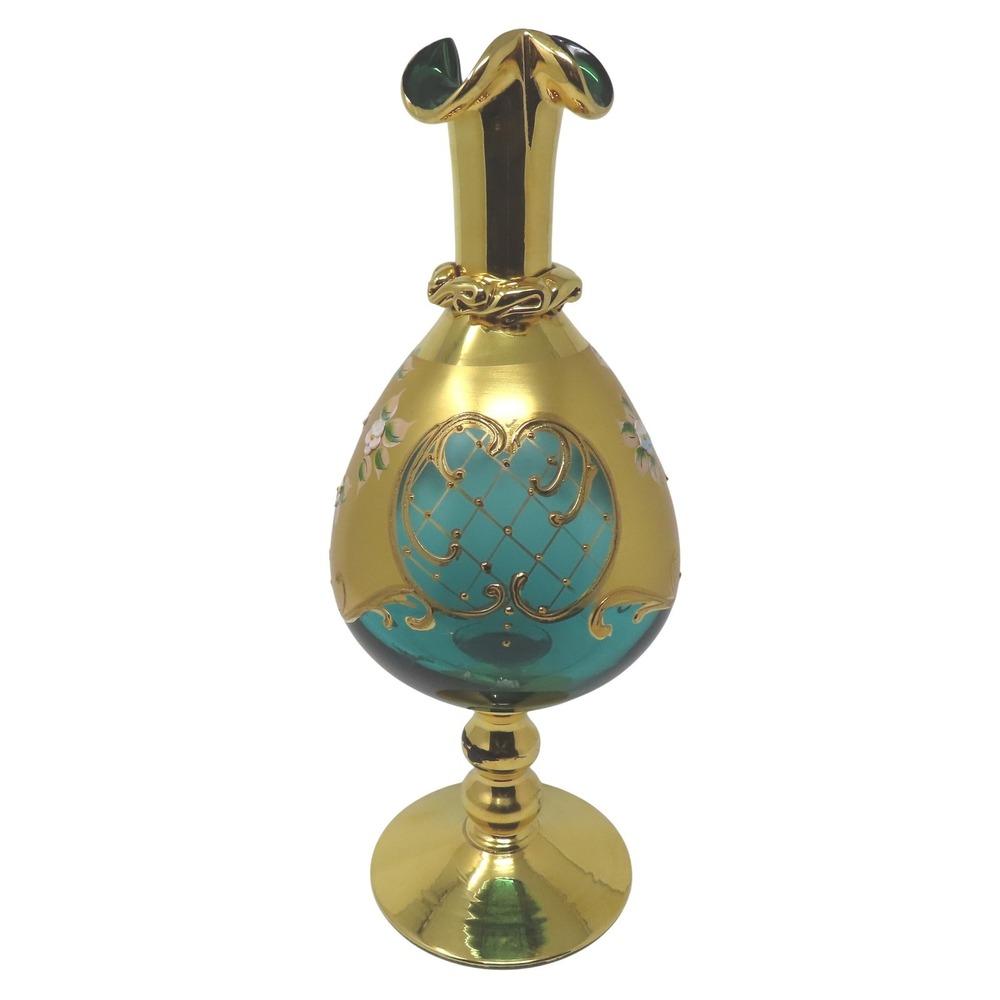 Murano Green‎ Glass Vase Venetian Gold Gilt Hand Painted Floral Decanter